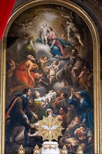 Altarpiece in the high altar of the collegiate parish church of St. Philip and St. James in Altoetting. The classicist altarpiece from 1791 is by Johann Jakob Dorner the Elder and shows Mary as the he...