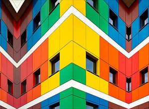 Multi-colored facades of the school with black window frames. Look up from the blue sky