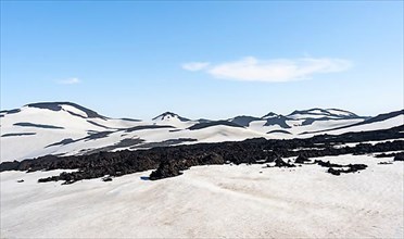 Barren hilly volcanic landscape of snow and volcanic rock