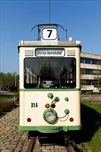 Historic tram in front of the head office of the transport company Vestische Strassenbahnen