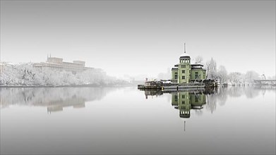 Snowfall and fog at the Helmovsky Jez hydroelectric power plant power station in Prague
