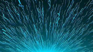 Many raising particles with long trails in space, 3d rendering, computer generating background