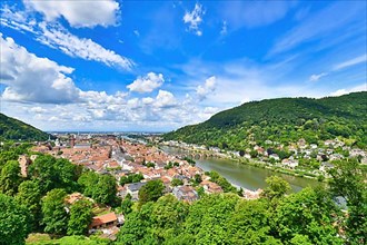 Old historic town of Heidelberg in Germany with Neckar river and Heiligenberg hill,