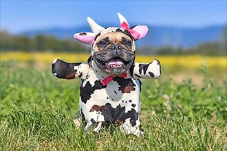 French Bulldog dog in funny Cow costume,