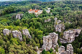 Aerial of Rock town Hruba Skala with the castle in the background, Bohemian paradise