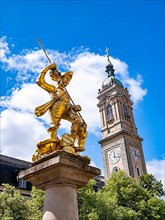 Sculpture of St. George with gilded armour as dragon slayer at St. George's Fountain in front of the Georgenkirche, Eisenach
