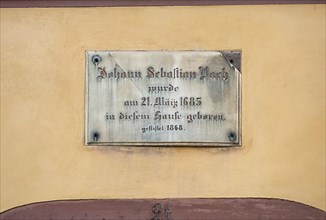 Sign above the entrance door at the Bach House, birthplace of Johann Sebastian Bach. The musician and composer was born here on 21. 03. 1685