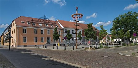 Market square with maypole and town hall in Teltow, Potsdam-Mittelmark district