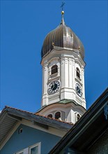 Onion church tower with clock, St. Andreas Catholic Parish Church