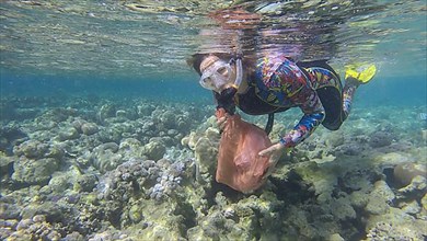 Woman in diving equipment swims and collects plastic debris underwater on the bottom of coral reef. Snorkeler cleaning Ocean from plastic pollution. Plastic pollution of the Ocean. Red sea, Egypt