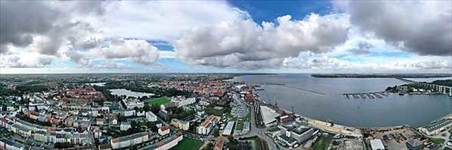 Aerial panorama over the Baltic Sea near Stralsund. Mecklenburg-Western Pomerania, Germany
