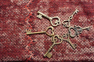 Heart shaped retro metal keys on bright background,