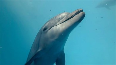 Young curious bottlenose dolphin looks at in the camera and smiles open-mouthed. Dolphin selfies. close up. Black sea, Ukraine