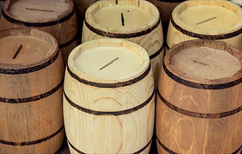 Barrels made of wood in a stock in view,