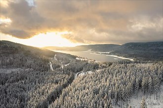 Aerial view of winter landscape at Schluchsee in the Black Forest, Germany