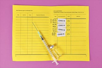 Concept for Corona virus booster vaccination showing vaccine passport with 4 entries,