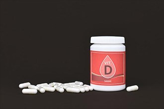 Vitamin D food supplement with container with pills on dark background,