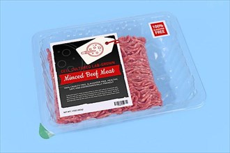 Cell cultured lab grown meat concept for artificial in vitro production with packed raw minced meat with made up labe,