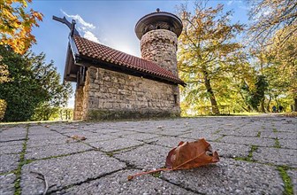 Hachelturm in autumn with leaf on the ground, Pforzheim