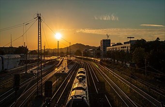 Train station with train from above at sunset in Pforzheim, Germany