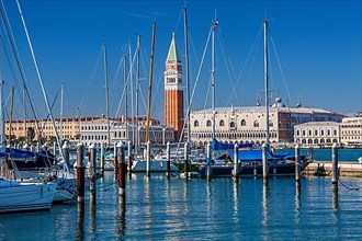 Sailboat marina on the island of San Giorgio with Campanile and Doge's Palace, Venice
