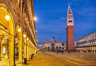 St Mark's Square with Campanile and St Mark's Basilica at dusk, Venice