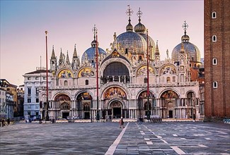 St Mark's Square with St Mark's Basilica at sunrise, Venice