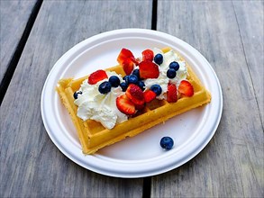 Waffle with cream and fruit on a paper plate, Stavanger