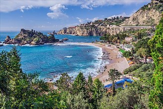 Coastal landscape with beach and Isola Bella in spring, Taormina