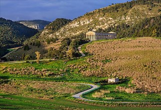 Spring landscape with the temple of Segesta in early morning sun, Calatafimi