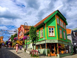 Colourful wooden house with pedestrian zone, Stavanger