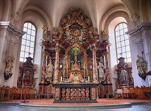 Interior of the monastery church with view of the high altar, Frauenberg Franciscan Monastery