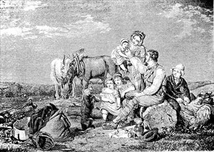 American peasant family having breakfast break in the field, America