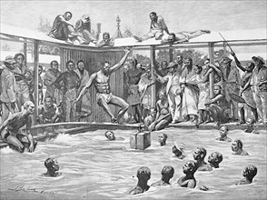 Historical illustration of a game in the water, made by natives