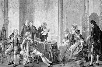 Historical illustration of the reading of a will at a notary's office in 1880, Historical