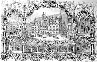 Historical illustration of the new town hall of Munich, Bavaria