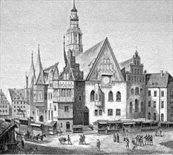 Historical illustration of the town hall of Breslau, Wroclaw
