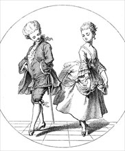 Historical illustration of a couple dancing the pas-de-deux, a dance duet in which two dancers dance
