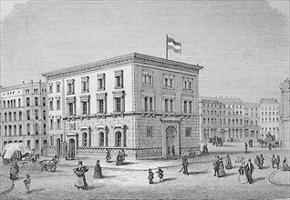 Historical illustration of the Olfen bank building in Hamburg, Germany