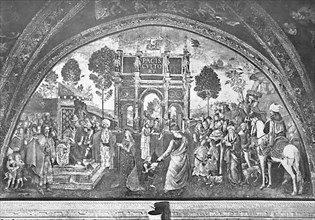 Historical depiction of the disputation of St Catherine of Alexandria, also known as St Catherine of the Wheel and the Great Martyr Catherine