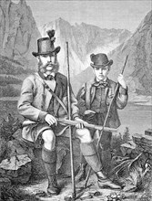 Emperor Franz Joseph I of Austria and Rudolf, Crown Prince of Austria hunting chamois in the Austrian Alps
