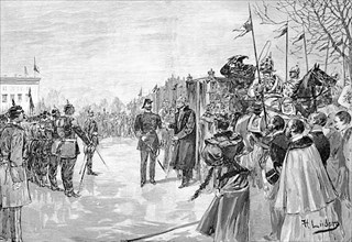 Historical illustration of Bismarck's visit to Berlin, Germany. Here his arrival in the Lustgarten