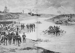 Historical illustration of the Russian manoeuvre 1882, crossing of the river Moskva near Moscow