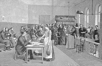 Historical illustration of a situation in the Savings Bank Berlin, around 1880