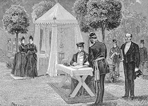 Emperor Heinrich in front of his marquee, signing documents