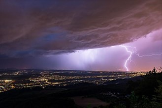 Thunderstorm lightning over the city of Basel, Canton Basel