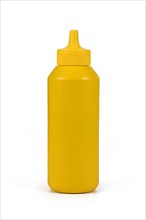 Yellow mustard squeeze bottle isolated on white background,
