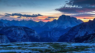 View over mountains Dolomites at sunset, panorama