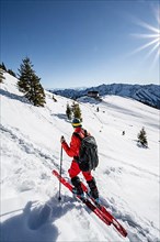 Ski tourers on a ski tour on the Rotwand, behind mountain hut Rotwandhaus