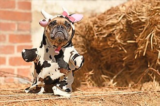 French Bulldog dog wearing funny full body Halloween cow costume with fake arms, horns